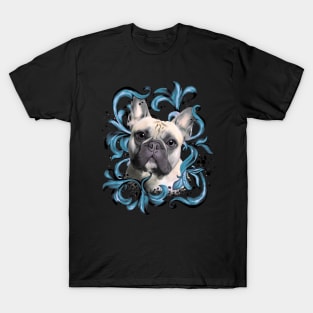 French bulldog, blue decorations leaves, frenchie lovers gift T-Shirt